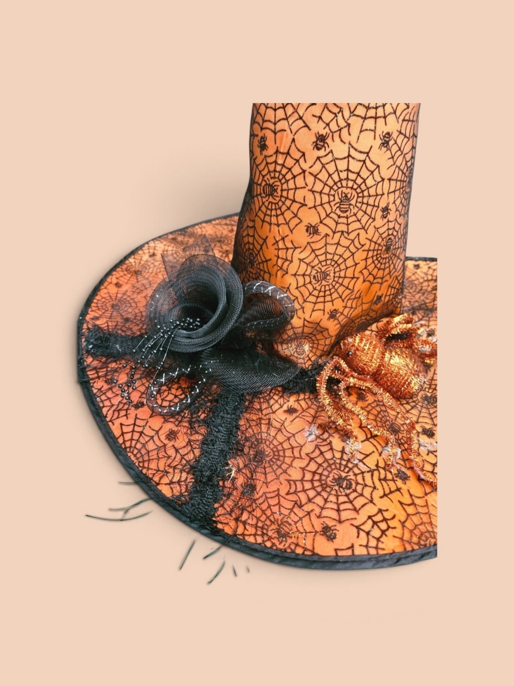 Witch Hat with Black Spiderwebs & Tulle Bow Spooky Costume Halloween Orange - Picture 3 of 4
